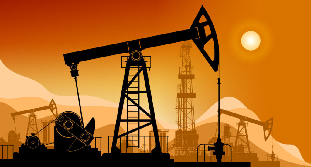 A Silhouette of an oil pumpjack with a background of mountains and the sun