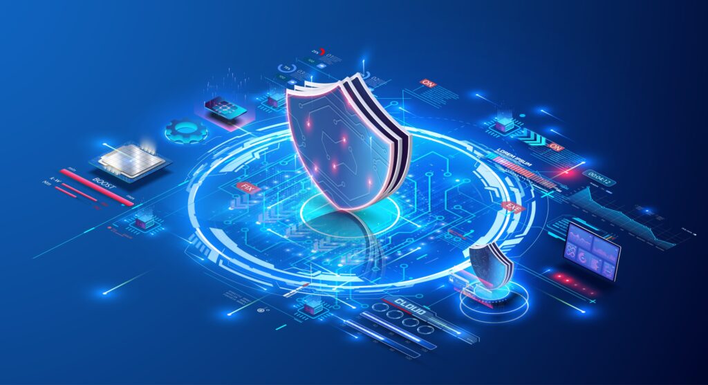 Cyber security shield surrounded by other technology