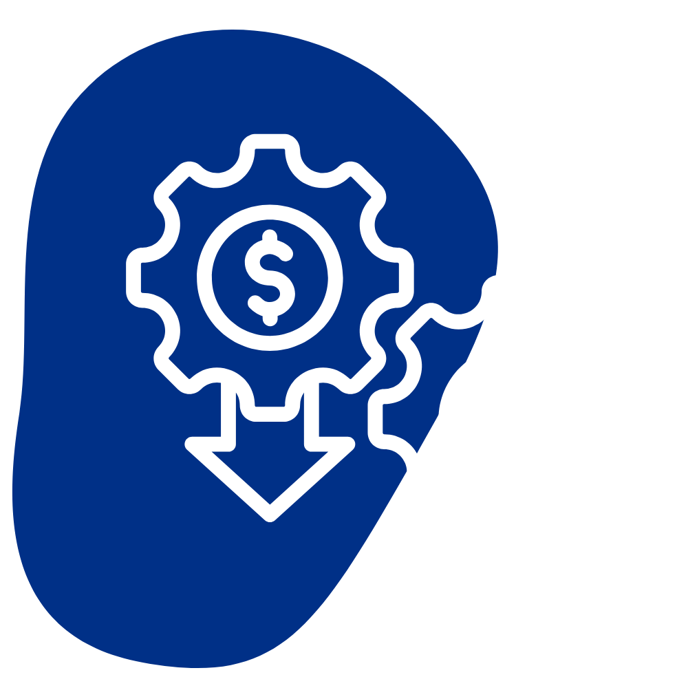 An icon with two gears that have money signs in them and an arrow on both going down